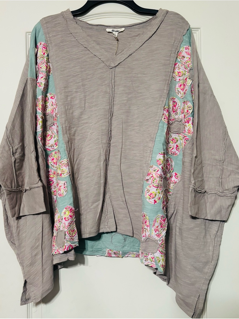 Blue Velvet Oversized Boho V-Neck Tunic with Floral Patchwork